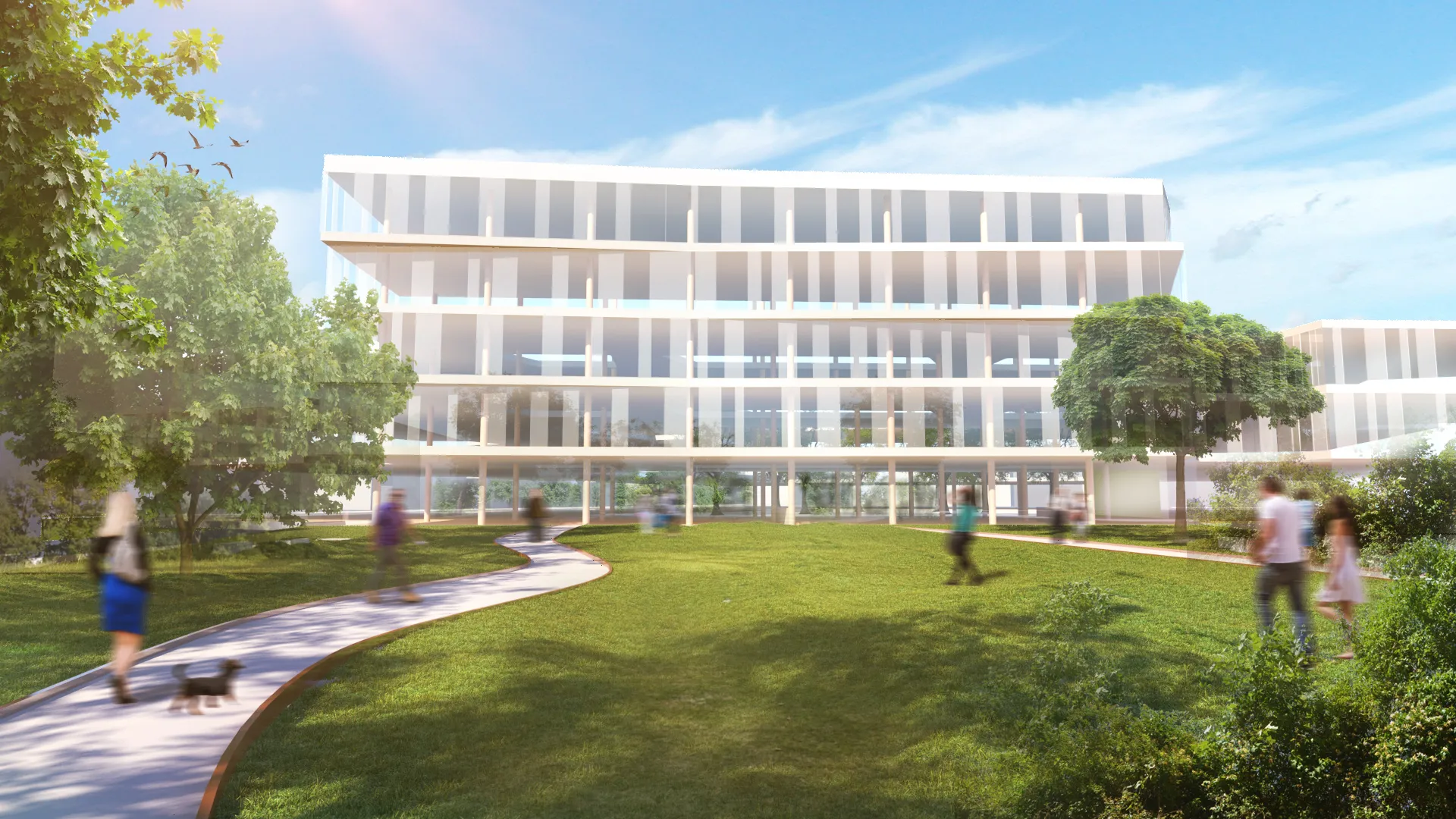 Fotorealistisk arkitektonisk 3D-visualisering af en bygning med parkanlæg