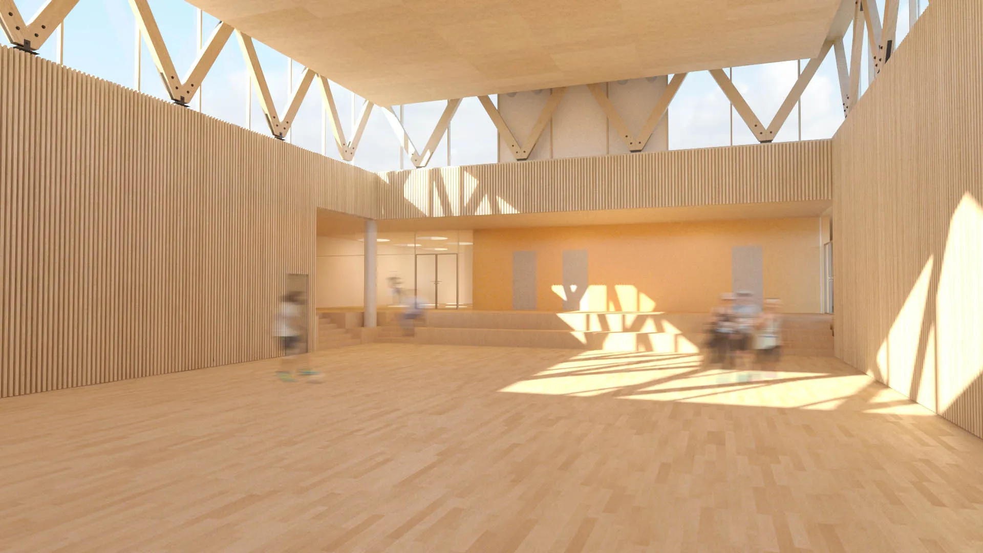 Fotorealistisk 3D-visualisering af et lyst træbeklædt interiør