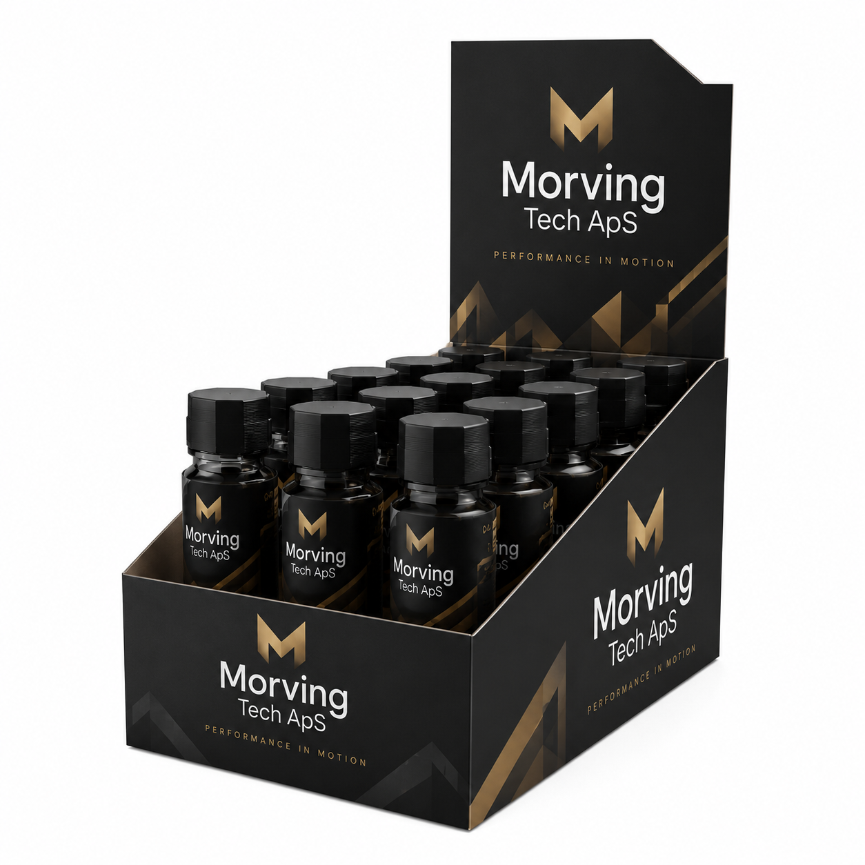 Emballage 3D render of a branded retail display box filled with gold and black bottles, Scandinavian packaging visualization