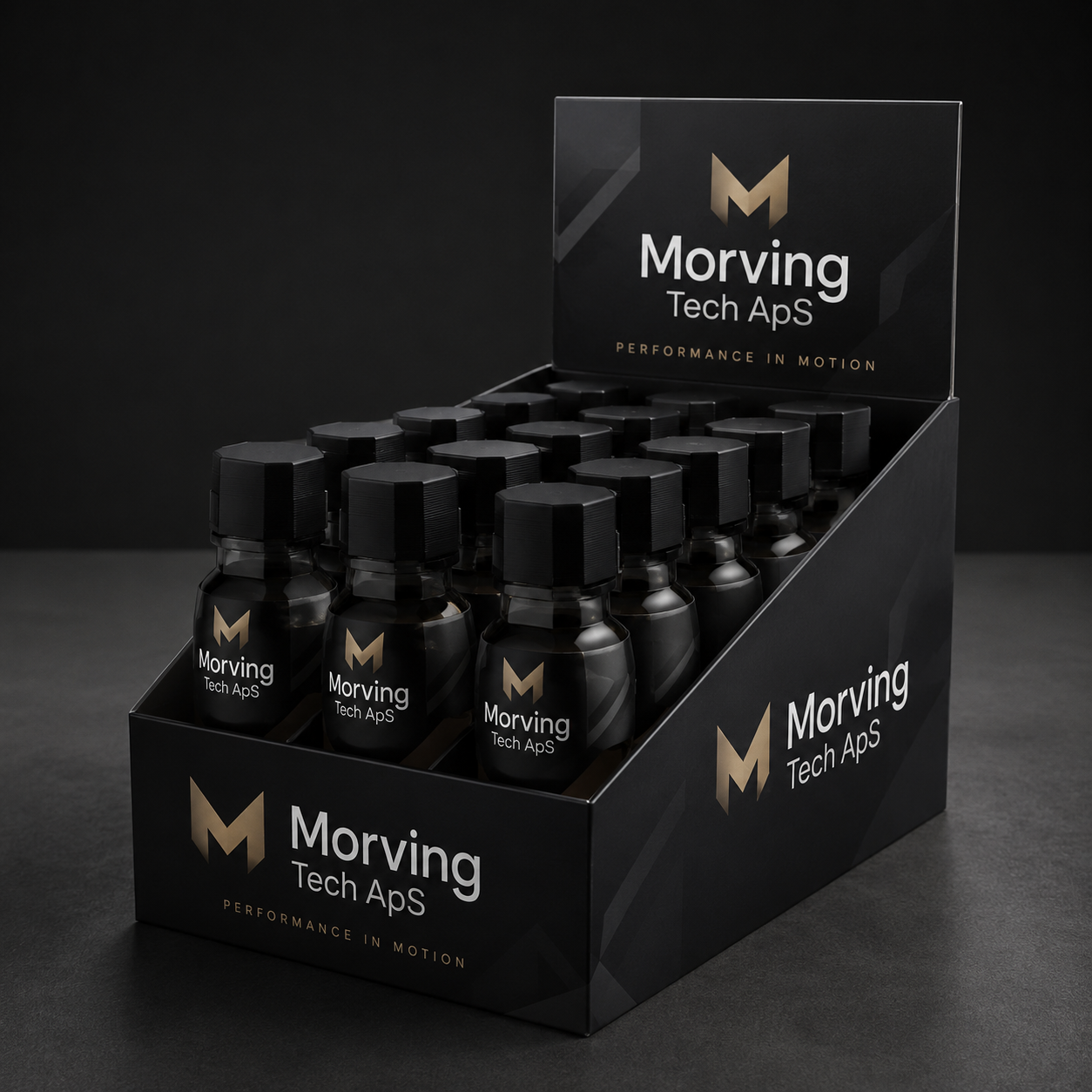 3D packaging render of a black branded counter display with supplement shot bottles