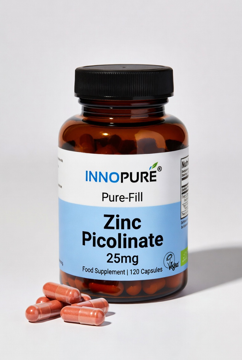 3D packaging render of an amber supplement bottle with capsules and a printed label