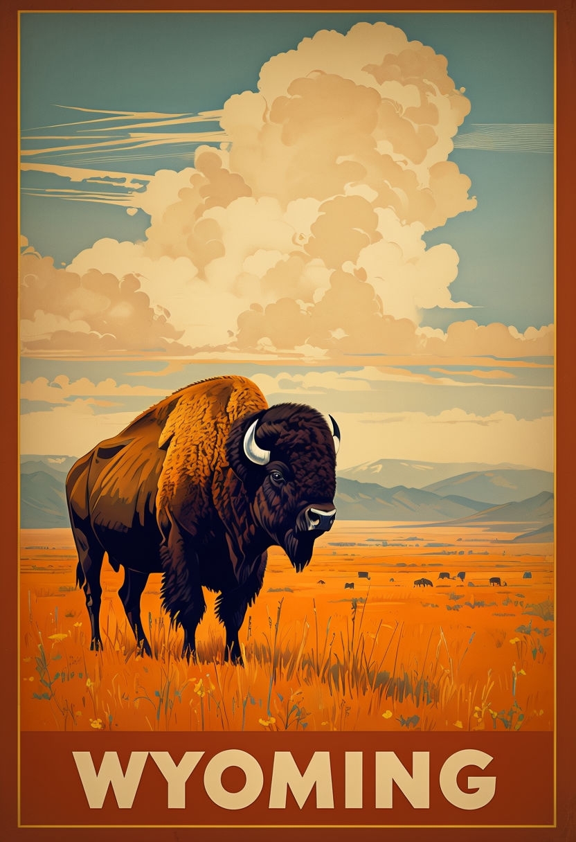 Retro rejseplakat i vintage illustrationsstil - Wyoming bison med varme jordtoner, grafisk design af Gustav Morving