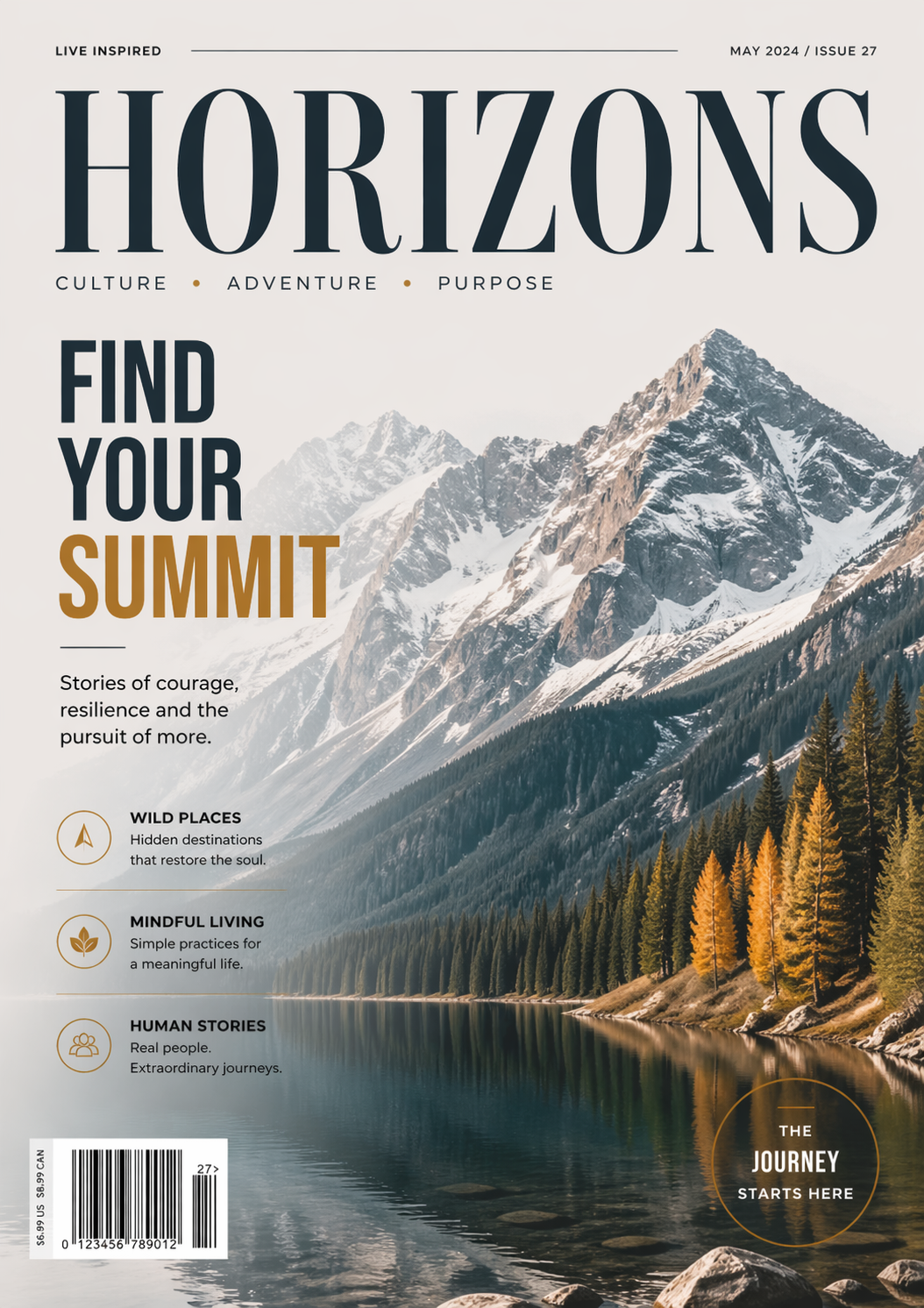 Editorial magasincover - Horizons, bjergfotografi kombineret med ren typografi og hierarkisk layout, print-design