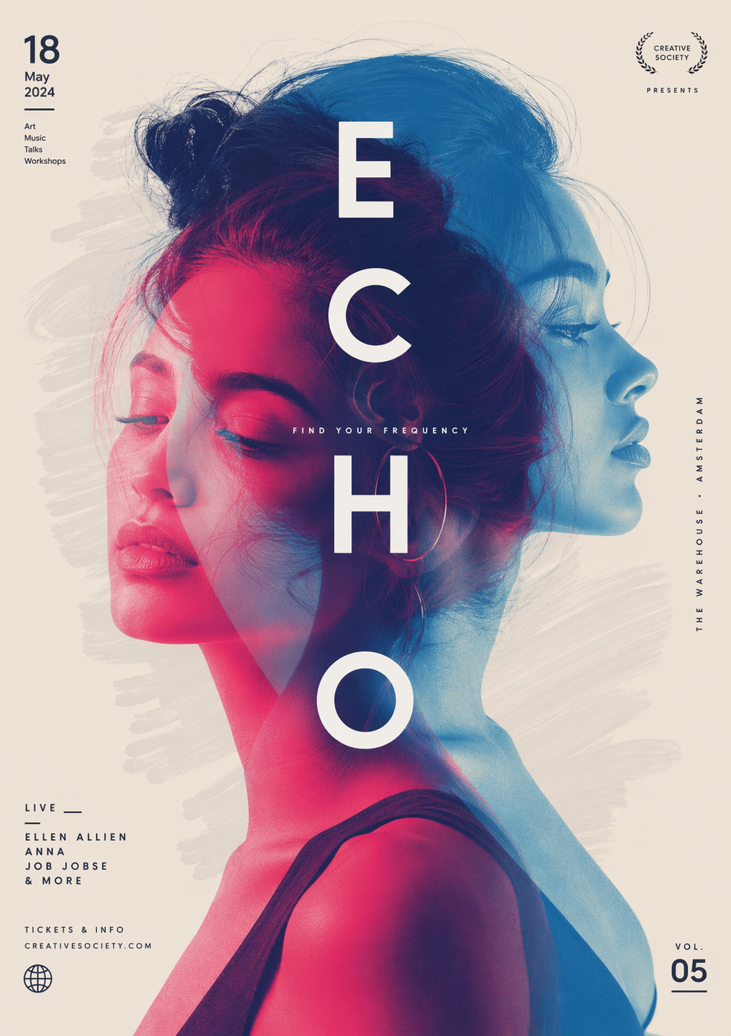 Eventplakat design - ECHO musikfestival, dobbelteksponering og duotone fotografieffekt, cinematic grafisk design