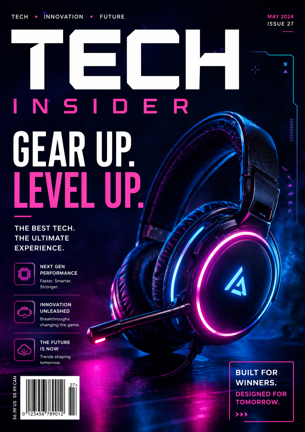 Magasincover design - Tech Insider, neon gaming-æstetik med fed typografi, grafisk layout design