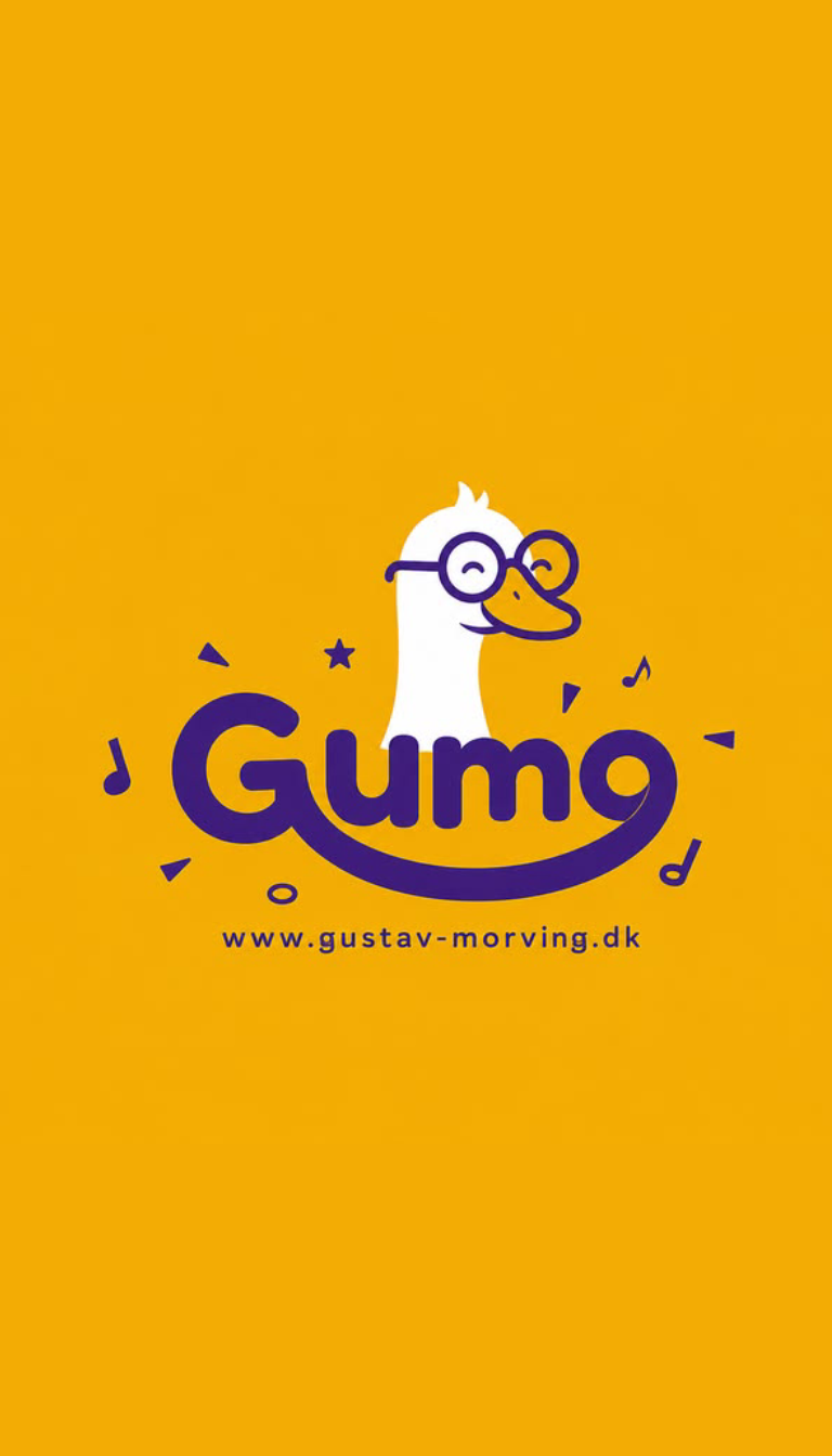 Logo og brandidentitet Gumo med gås-maskot i lilla på amber baggrund, grafisk designer i Slagelse
