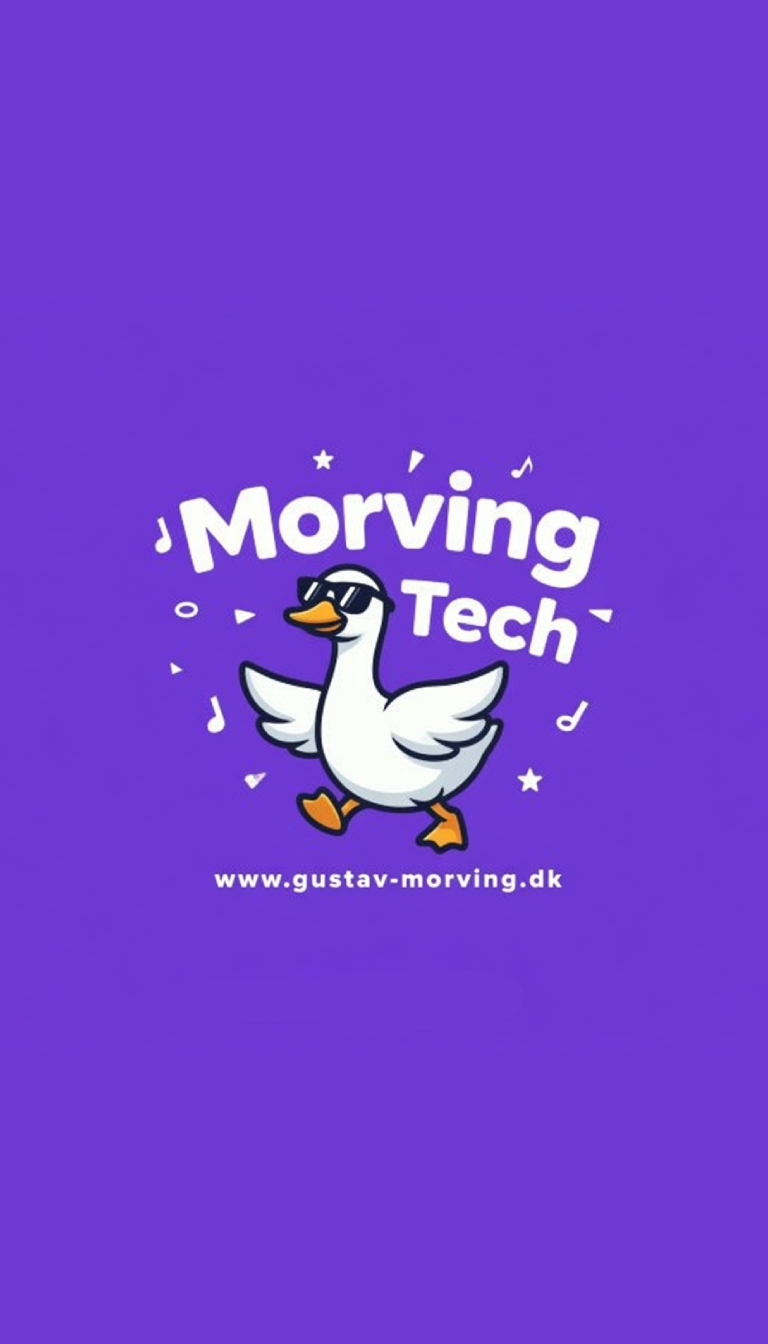 Morving Tech logo med dansende gås-maskot med solbriller, legende brandidentitet, grafisk design Slagelse