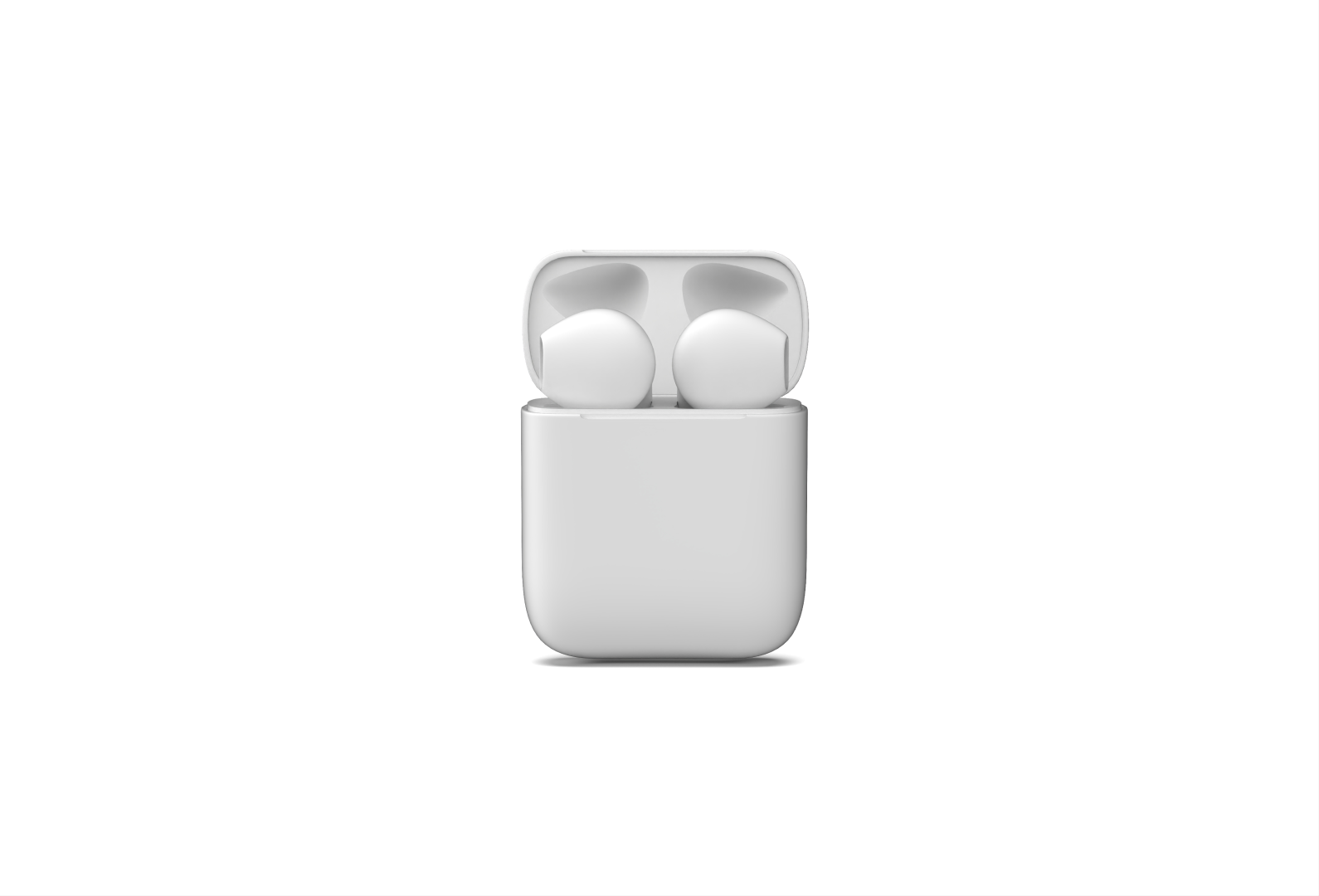 3D produktvisualisering af hvide trådløse earbuds i opladeetui - Gustav Morving