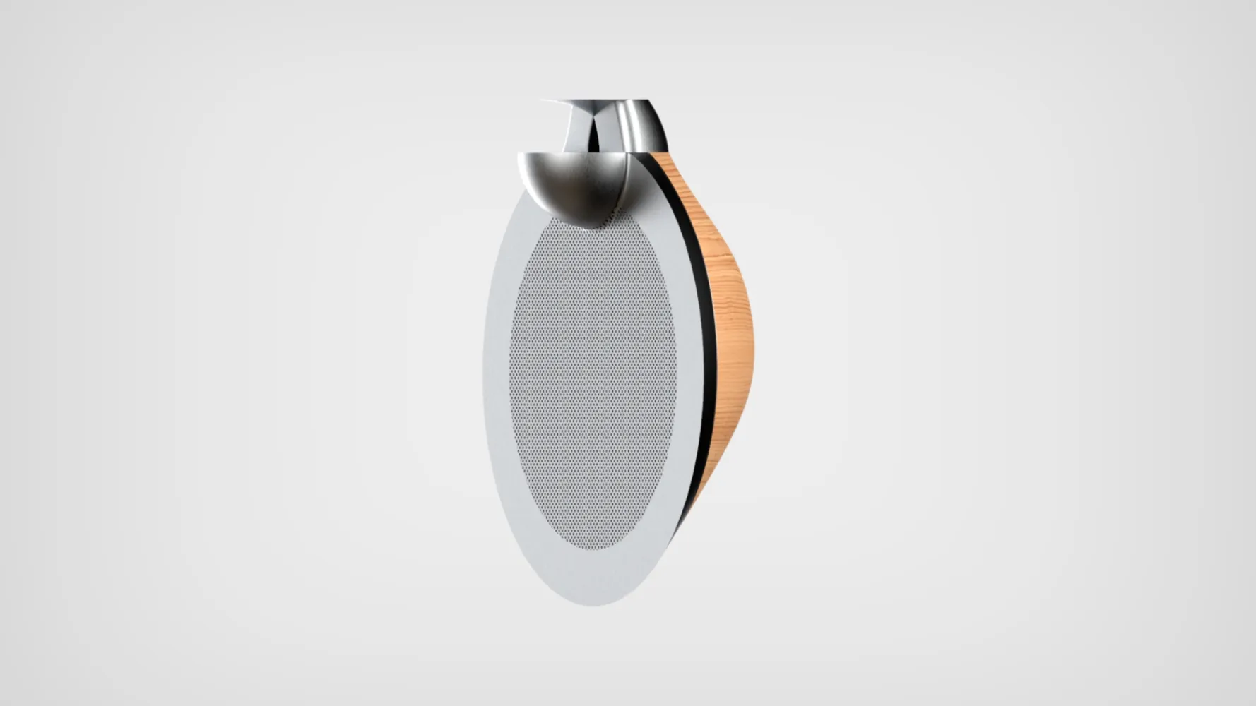 3D produktvisualisering af oval premium højttaler med træhus - sideperspektiv - Gustav Morving