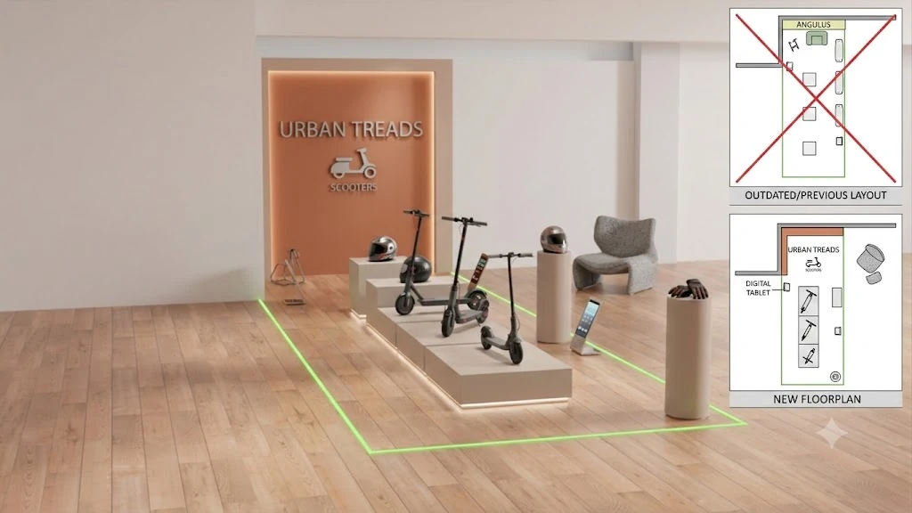 3D-visualisering af butikskoncept vist sammen med tidligere og ny 2D-grundplan