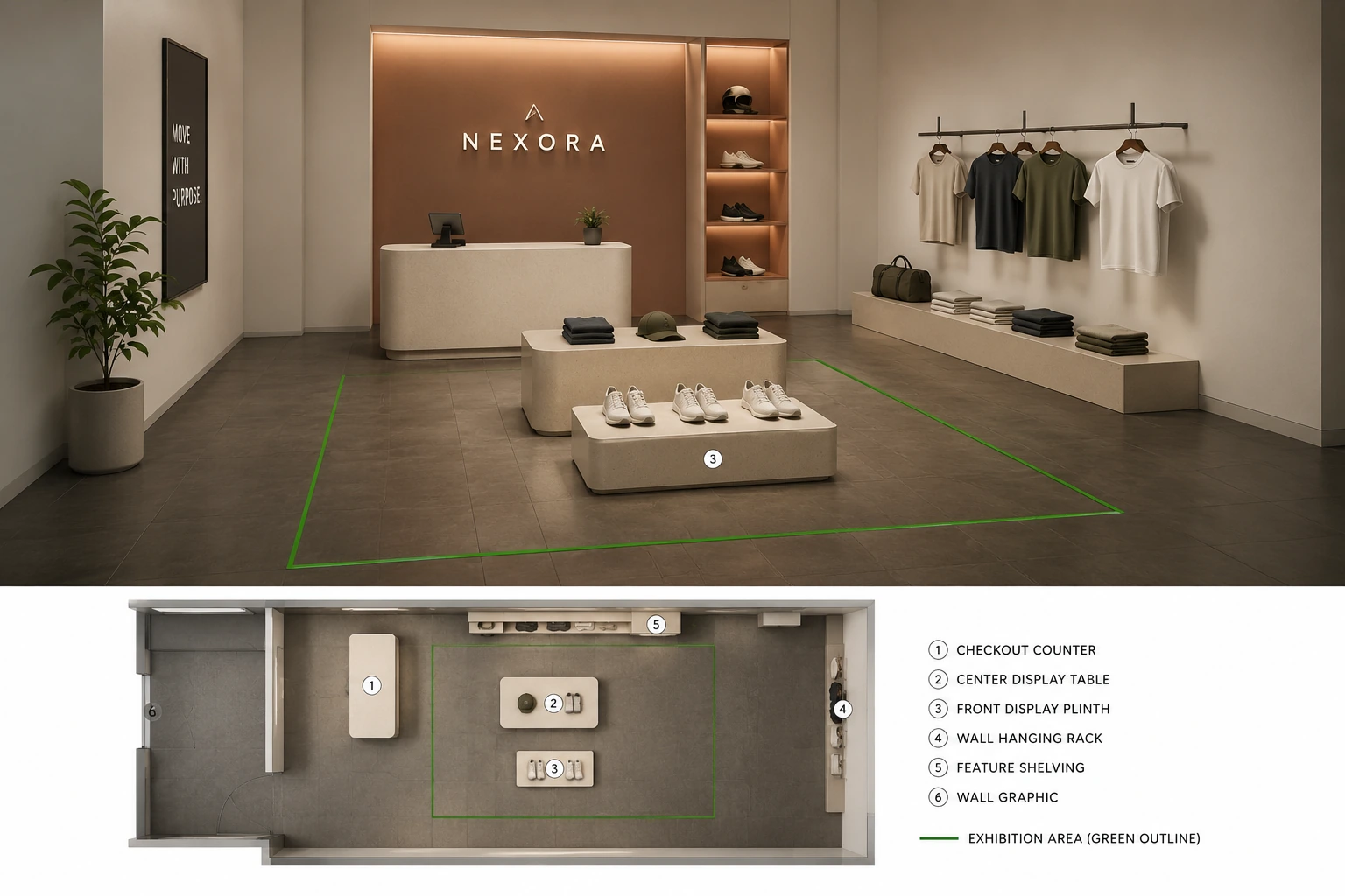 3D-visualisering af en shop-in-shop med reoler, podier og skiltning, som del af en godkendelsespakke
