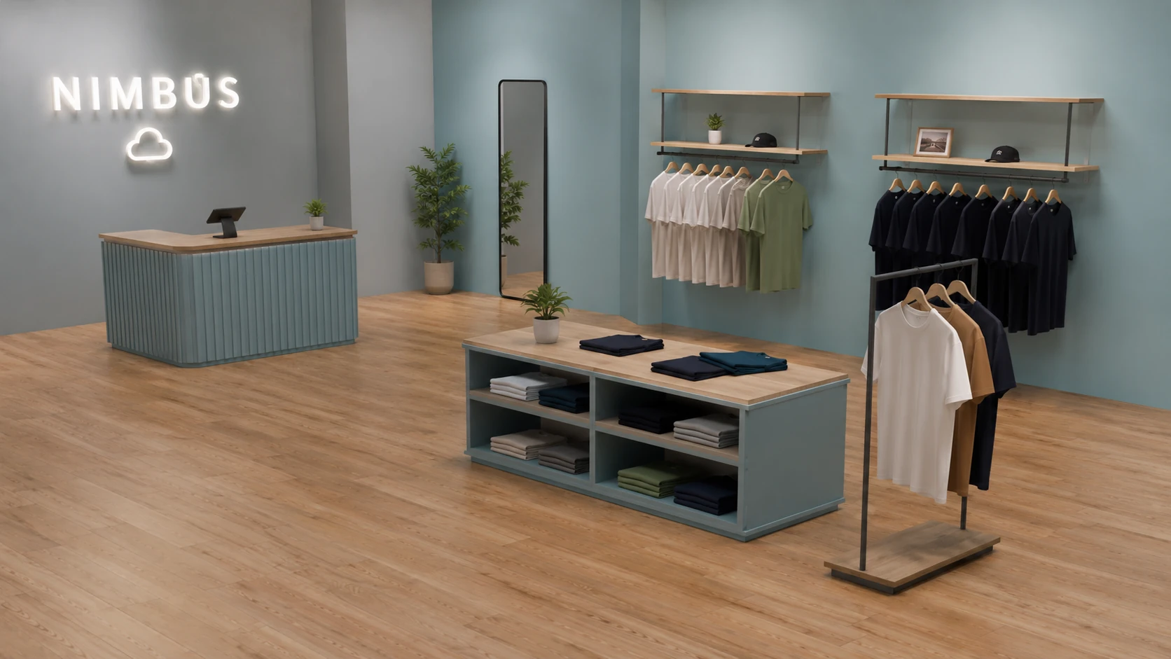 Frontal 3D-visning af en shop-in-shop med reolvæg og skiltning