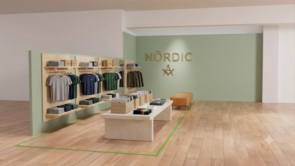 3D-visualisering af et shop-in-shop koncept med skiltning, reoler og podier, klar til godkendelse i et stormagasin