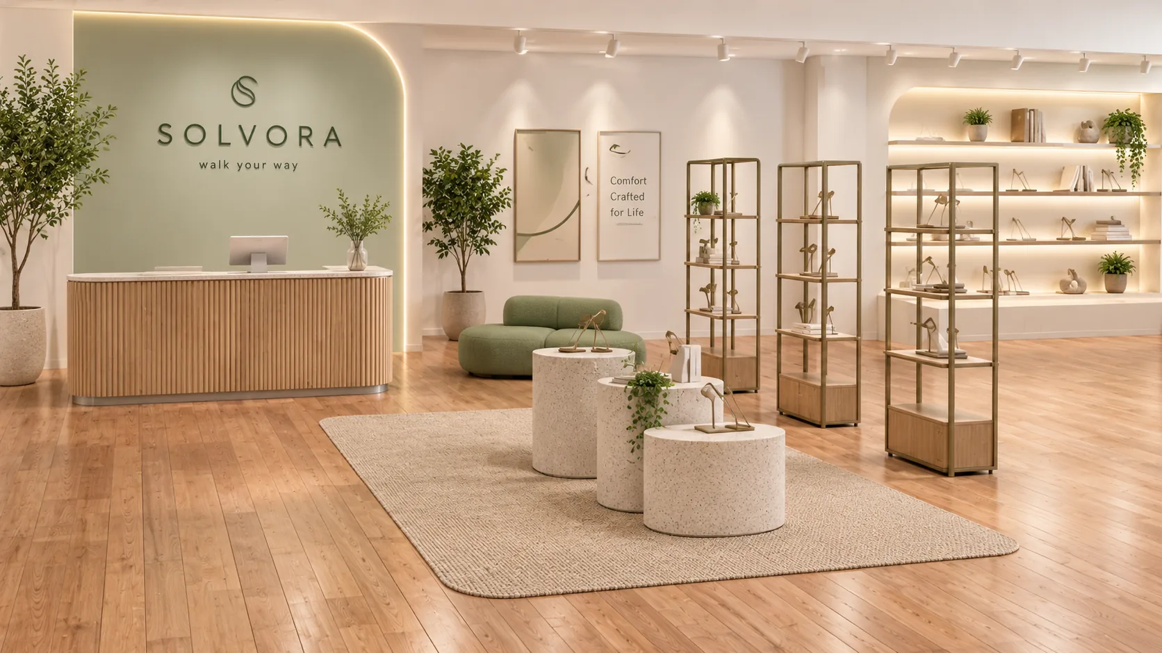 Fotorealistisk 3D-visualisering af butikskoncept med reception, displayreoler og indbygget belysning