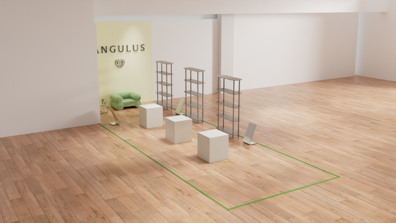 3D interior rendering of a retail concept with shelving, podiums and signage