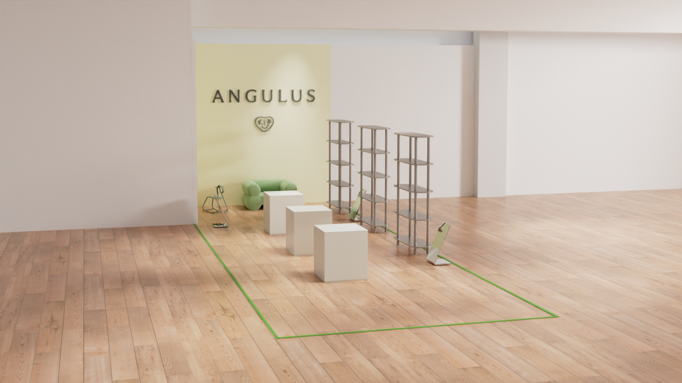 3D-visualisering af en shop-in-shop med reoler, podier og skiltning, som del af en godkendelsespakke