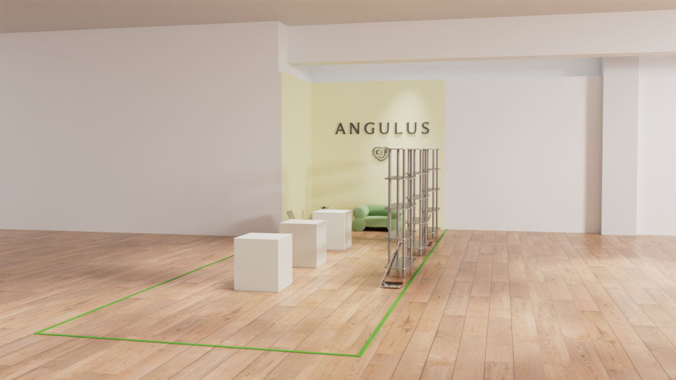 Front 3D view of an interior concept with shelving wall and signage